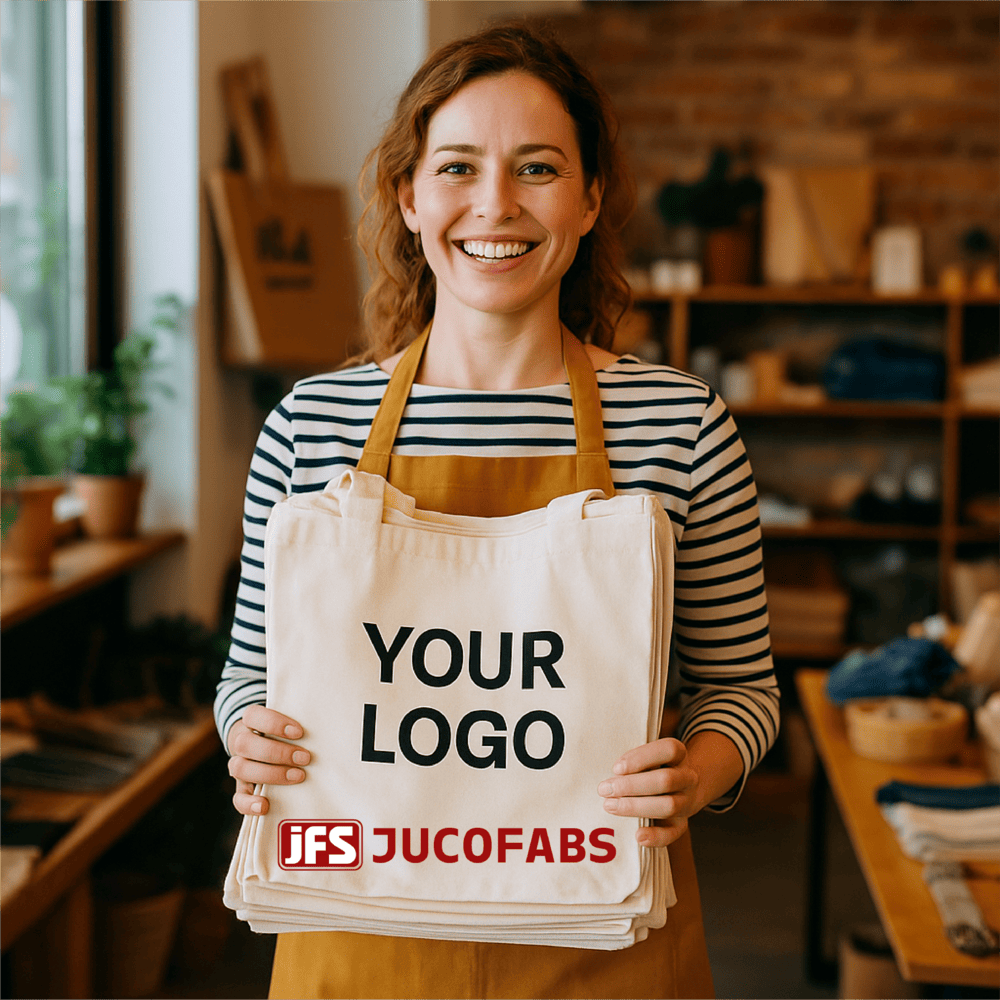 Smiling small business owner showcasing customized canvas tote bags inside boutique shop