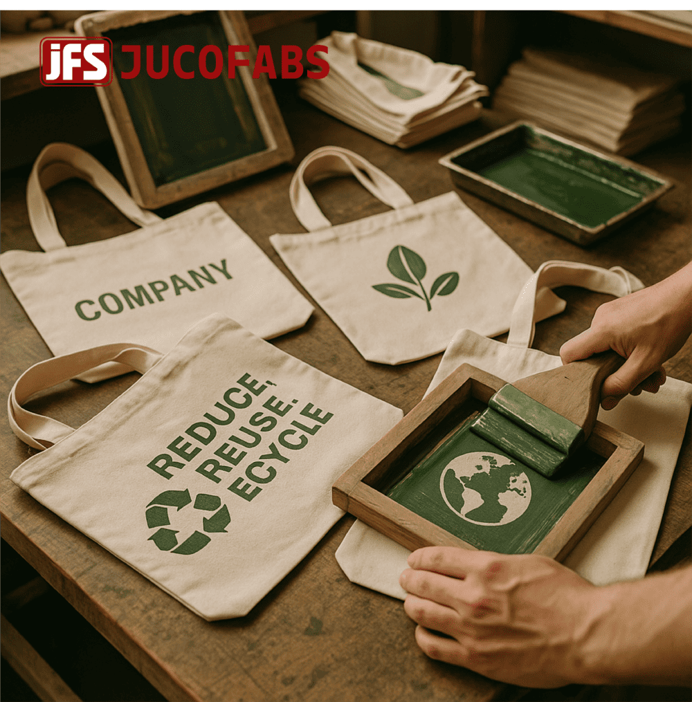 Worker screen-printing green logos on eco-friendly canvas tote bags during bulk production
