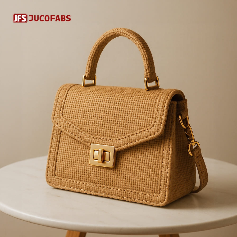 Close-up of a high-end eco-luxury jute handbag