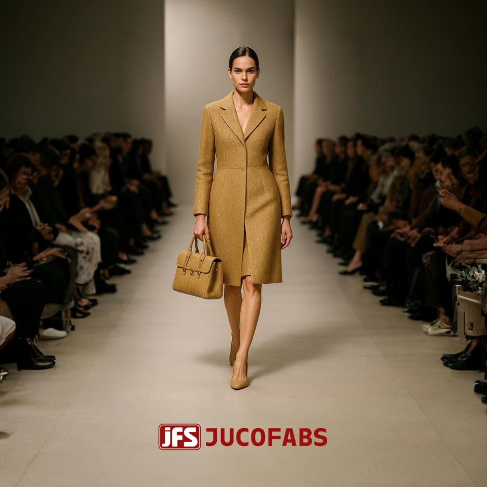 Model on fashion runway wearing sustainable jute accessories