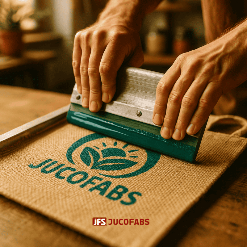 Artisan screen printing a custom logo on a sustainable jute bag