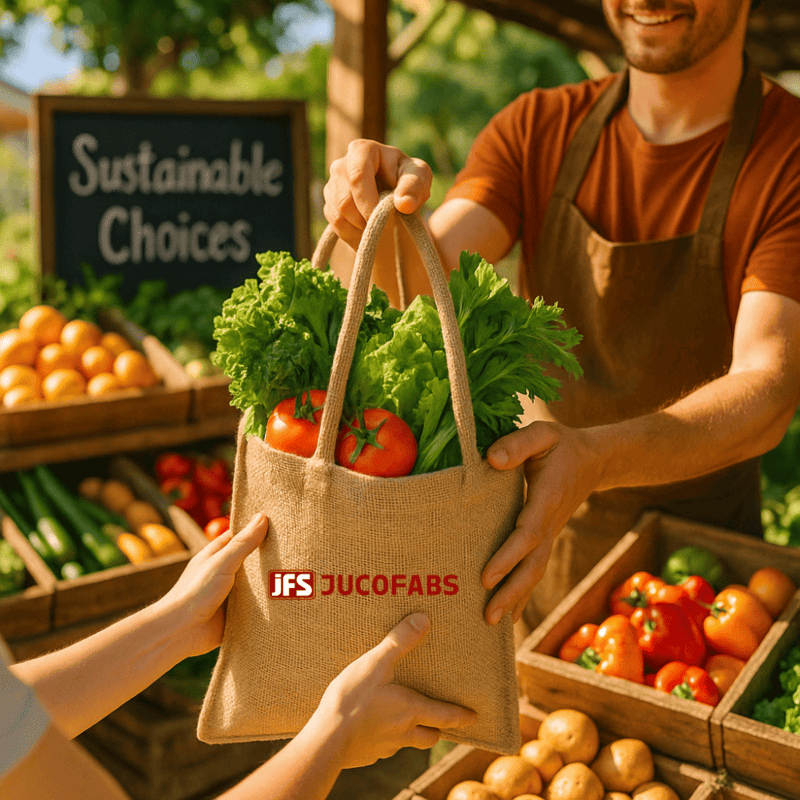 Vendor handing customer sustainable wholesale jute bag at market