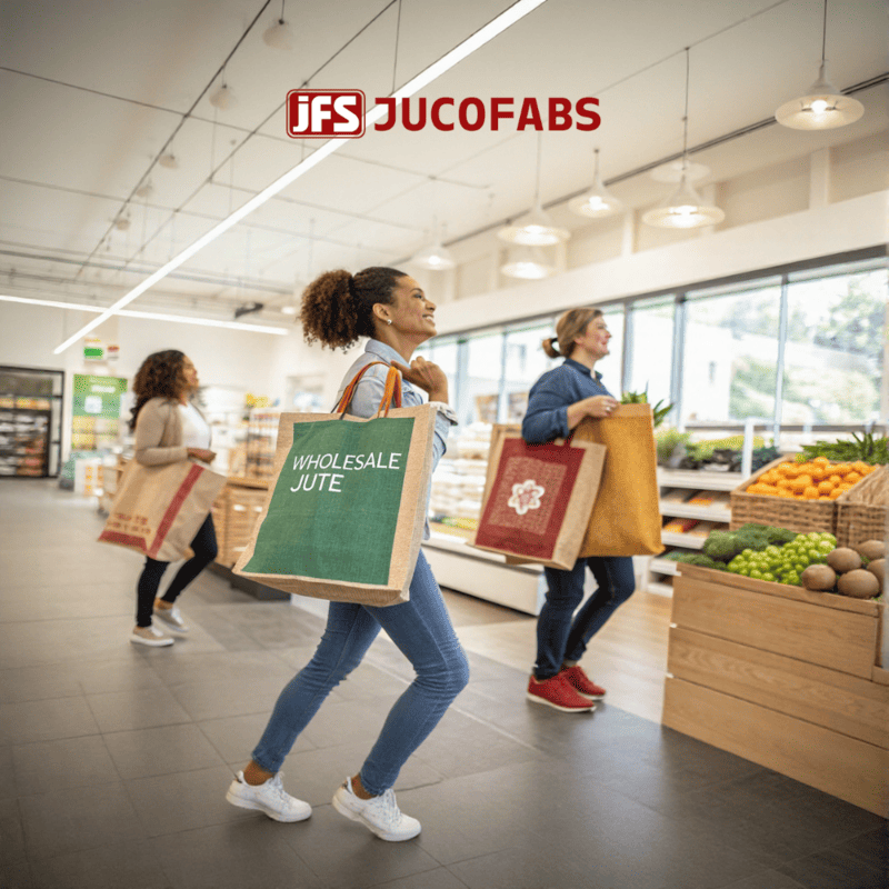Shoppers carrying wholesale jute bags in a US grocery store