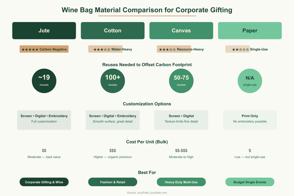 Wine bag material comparison for corporate gifting — jute vs cotton vs canvas vs paper on durability, eco score, reuse offset, and customization
