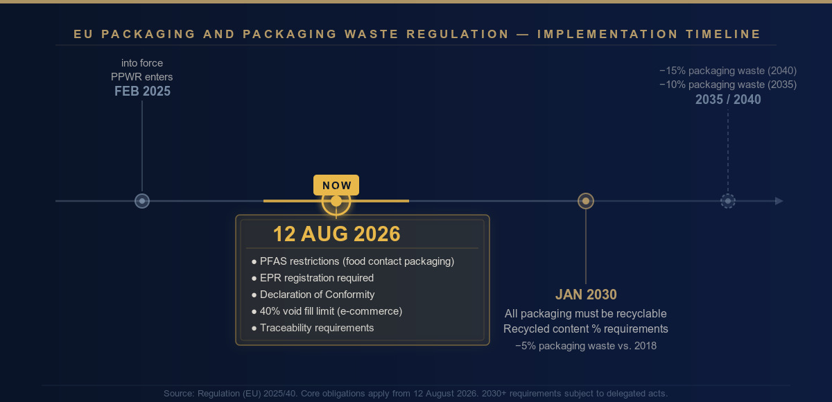 Implementation timeline of the EU Packaging and Packaging Waste Regulation from February 2025 entry into force through 12 August 2026 obligations to 2030, 2035, and 2040 targets